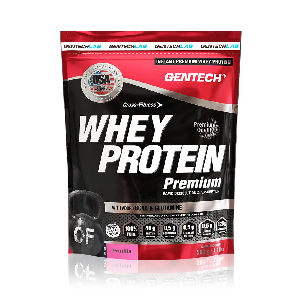 [7798101200575] Proteina premium whey gentech 1kg (Frutilla)