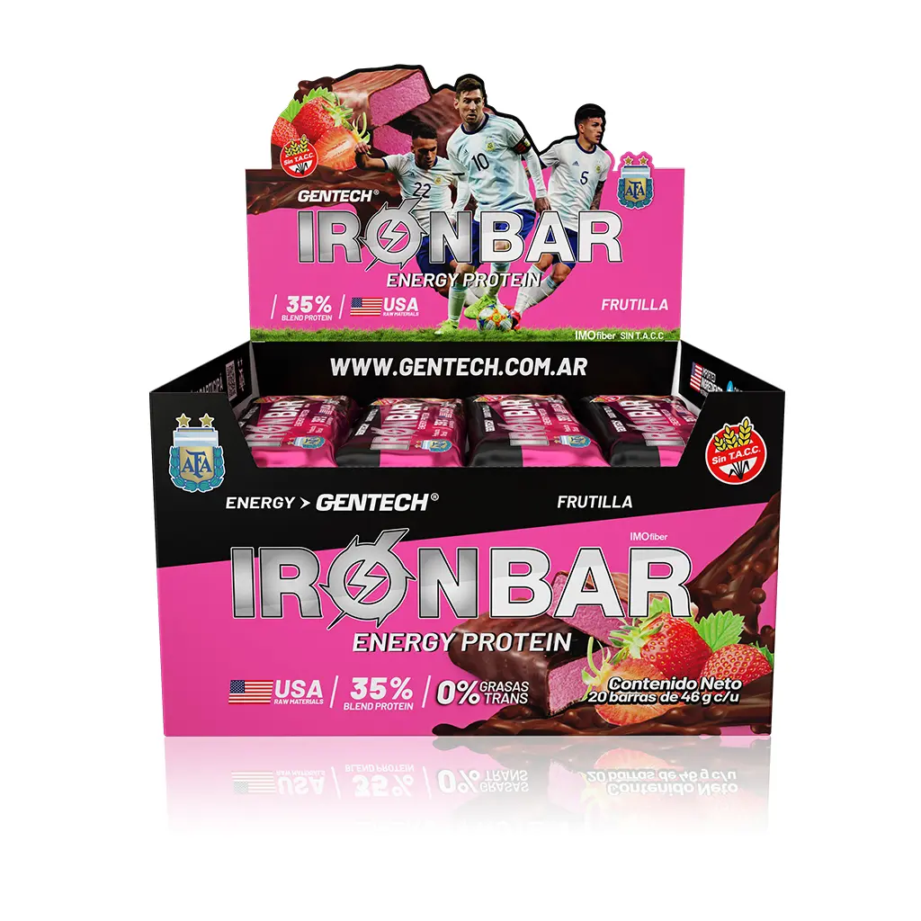 [7798101201701] Barra proteica iron bar gentech caja 20x46gs (Frutilla)
