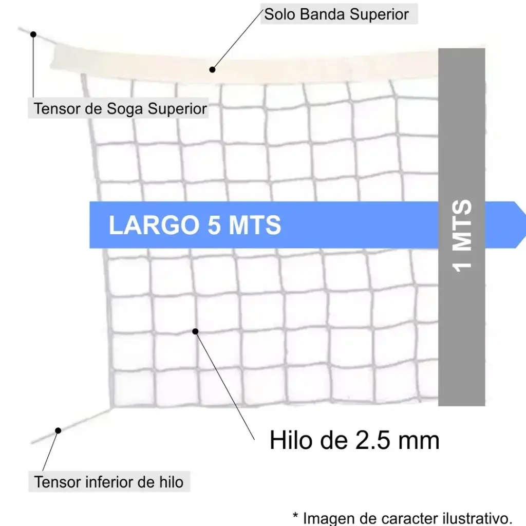 Red de voley 5x1m con banda superior y soga 2,5mm