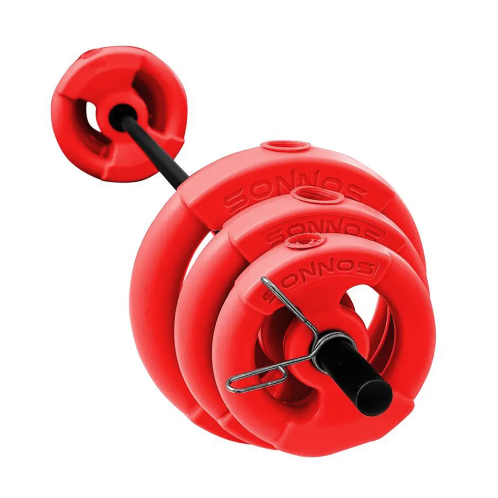 [30223] Kit body pump 17kg discos c/manija rojo: 2 de 5kg + 2de 2,5kg + 2 de 1kg + barra recta