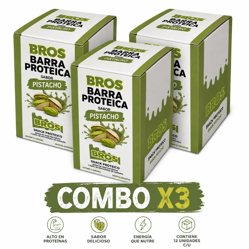 Combo mayorista barra proteica bros 3 cajas x 10u  pistacho con chocolate blanco