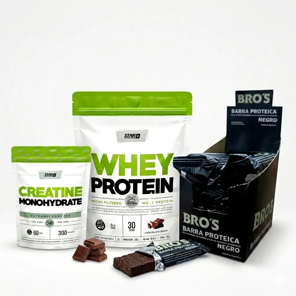 Combo proteina 2lb star, creatina 300gs star y 1 caja de barritas proteicas x 10u bros