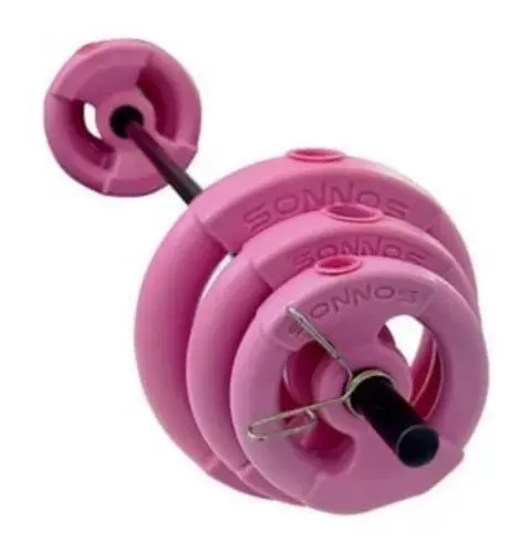 Kit body pump 17kg discos c/manija rosa: 2 de 5kg + 2de 2,5kg + 2 de 1kg + barra recta 